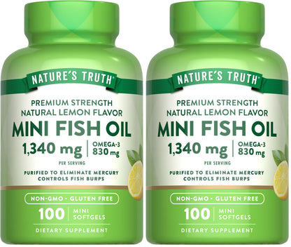 Nature's Truth Mini Fish Oil Omega-3 1340 mg | 100 Softgels | Burpless Lemon (Pack of 2)