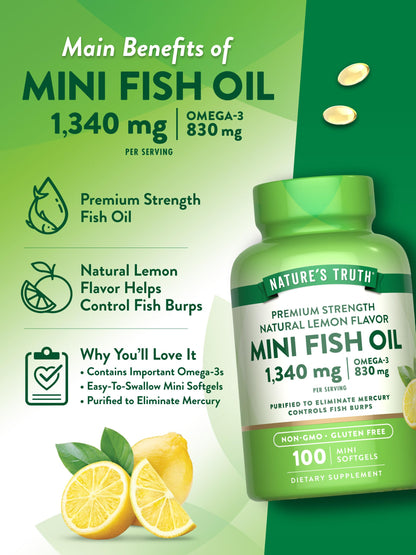Nature's Truth Mini Fish Oil Omega-3 1340 mg | 100 Softgels | Burpless Lemon (Pack of 2)