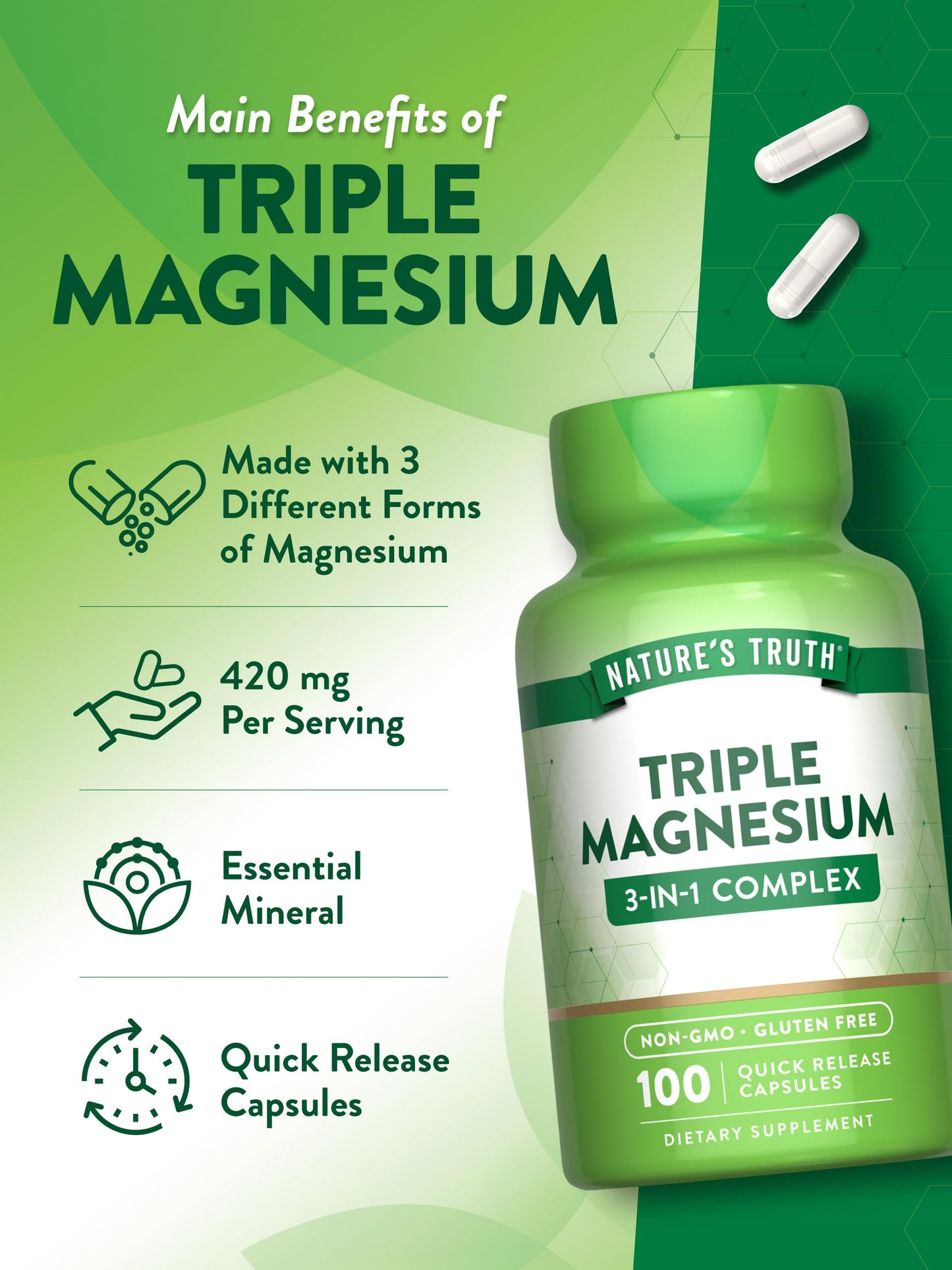 Nature's Truth Triple Magnesium Complex – 100 Capsules | Non-GMO & Gluten Free