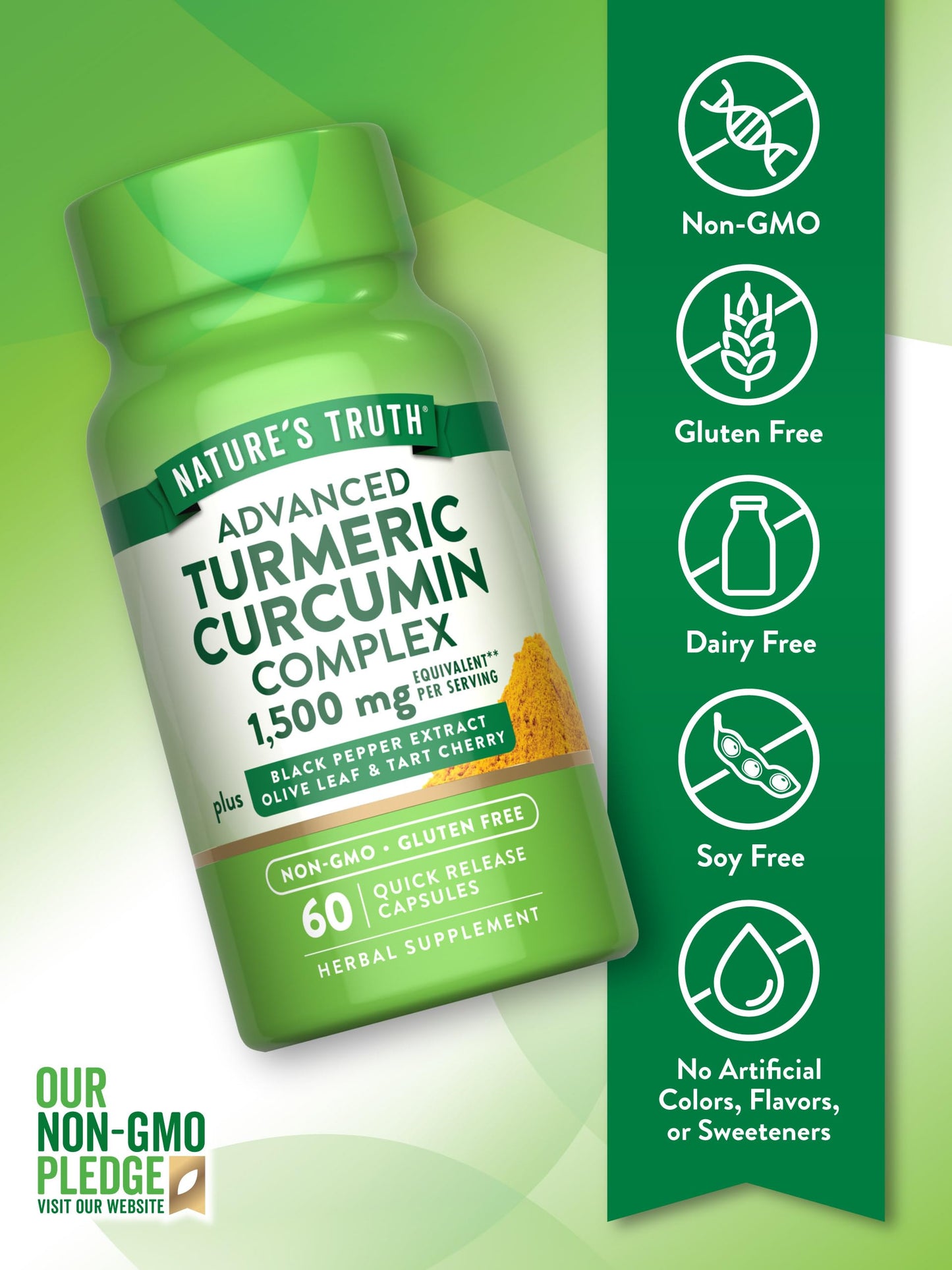 Nature's Truth Turmeric Curcumin 1500 mg – 60 Capsules | Black Pepper, Olive Leaf & Tart Cherry | Non-GMO & Gluten Free