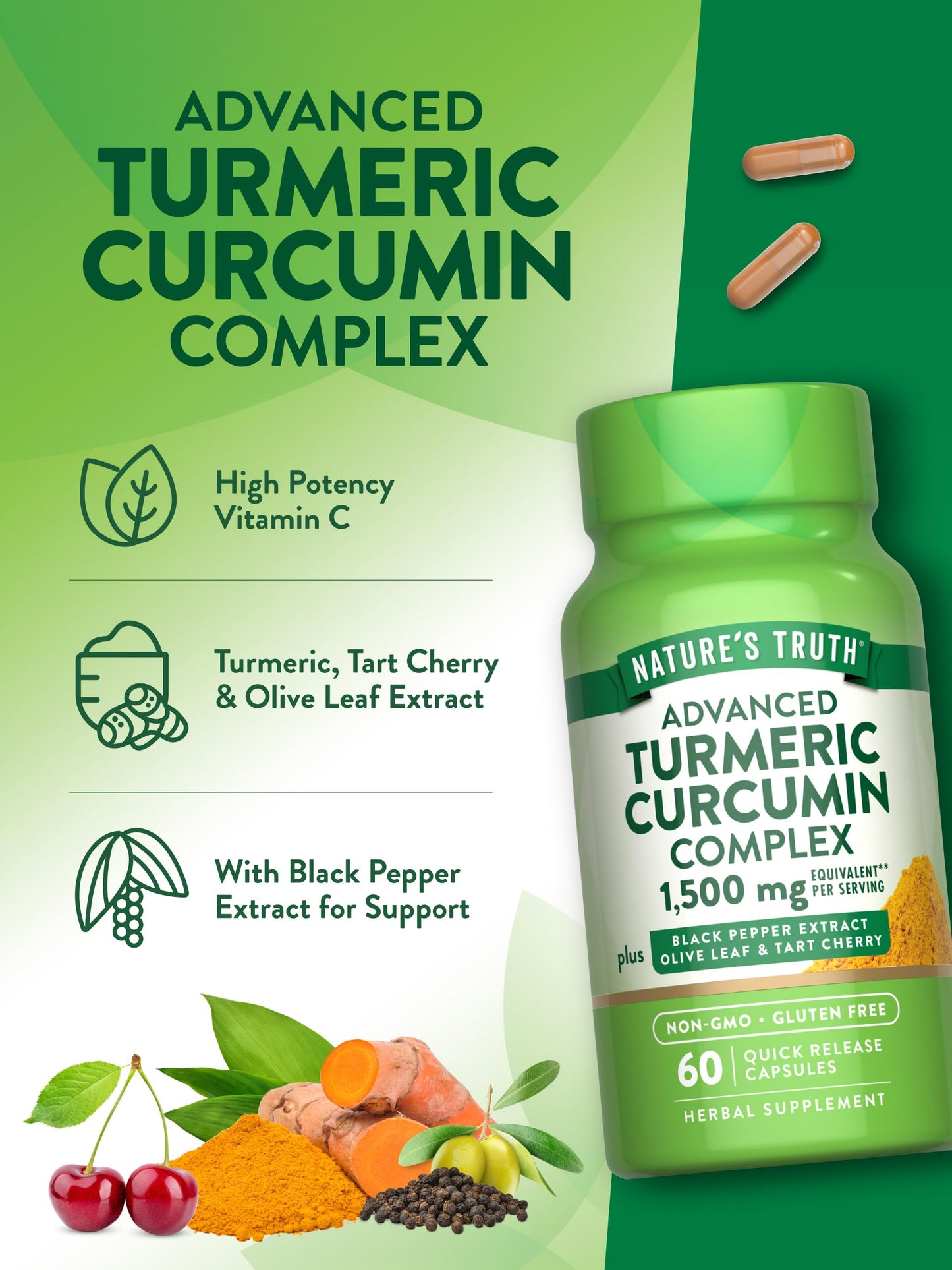 Nature's Truth Turmeric Curcumin 1500 mg – 60 Capsules | Black Pepper, Olive Leaf & Tart Cherry | Non-GMO & Gluten Free