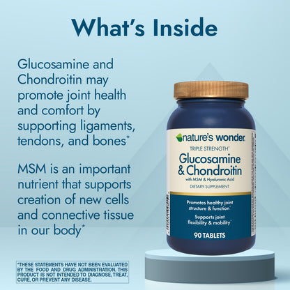 Nature's Wonder Triple Strength Glucosamine Chondroitin with MSM & Hyaluronic Acid for Joint Health – 90 Tablets (Pack of 2)