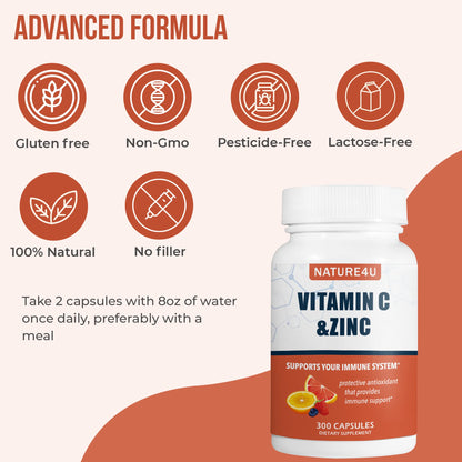 Nature4U Vitamin C 1000mg with Zinc – Rose Hips & Citrus Bioflavonoids | Immune Support, Antioxidants | 300 Capsules