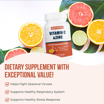 Nature4U Vitamin C 1000mg with Zinc – Rose Hips & Citrus Bioflavonoids | Immune Support, Antioxidants | 300 Capsules