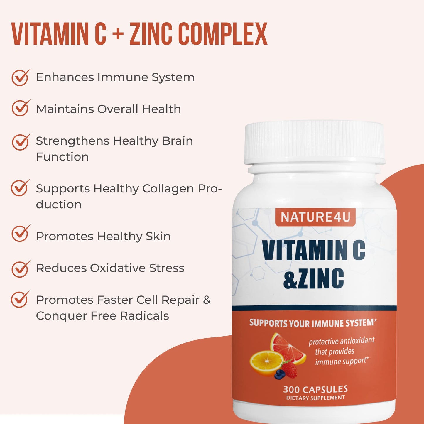 Nature4U Vitamin C 1000mg with Zinc – Rose Hips & Citrus Bioflavonoids | Immune Support, Antioxidants | 300 Capsules
