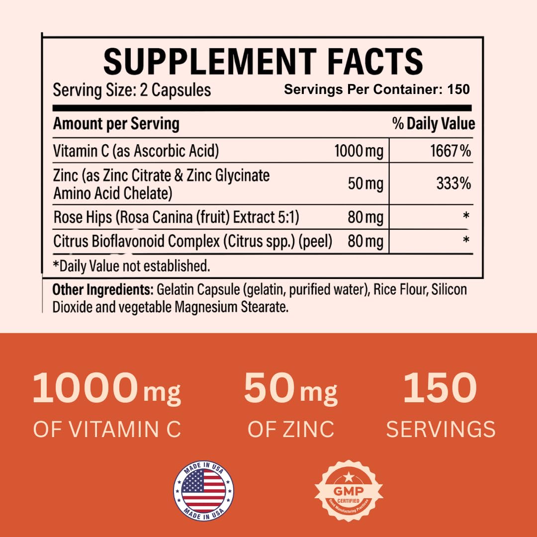 Nature4U Vitamin C 1000mg with Zinc – Rose Hips & Citrus Bioflavonoids | Immune Support, Antioxidants | 300 Capsules