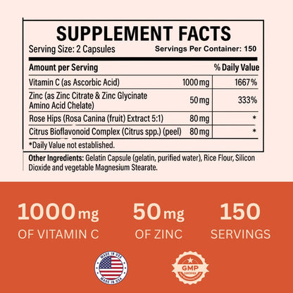 Nature4U Vitamin C 1000mg with Zinc – Rose Hips & Citrus Bioflavonoids | Immune Support, Antioxidants | 300 Capsules