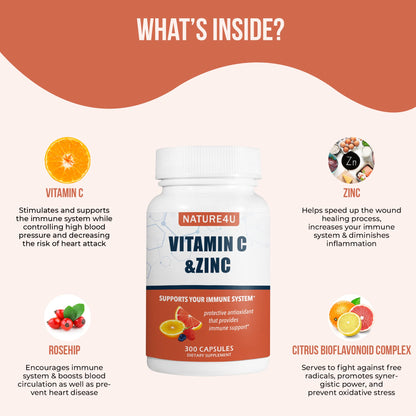 Nature4U Vitamin C 1000mg with Zinc – Rose Hips & Citrus Bioflavonoids | Immune Support, Antioxidants | 300 Capsules