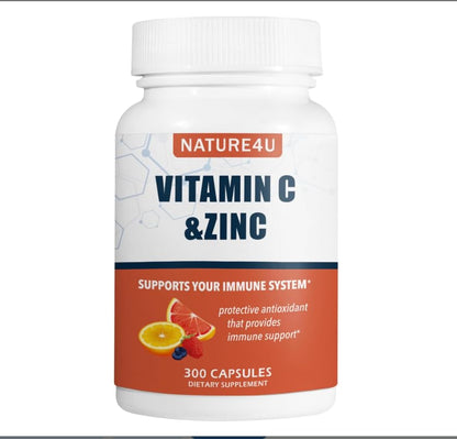 Nature4U Vitamin C 1000mg with Zinc – Rose Hips & Citrus Bioflavonoids | Immune Support, Antioxidants | 300 Capsules