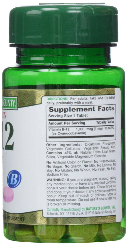 Nature's Bounty Vitamin B-12 1000 mcg Tablets, 100 Count | High-Potency B-12 Supplement