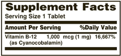 Nature's Bounty Vitamin B-12 1000 mcg Tablets, 100 Count | High-Potency B-12 Supplement