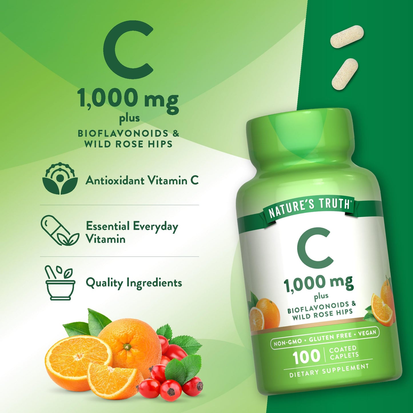 Nature's Truth Vitamin C 1000mg with Bioflavonoids & Rose Hips – 100 Caplets, Vegan, Non-GMO, Gluten Free