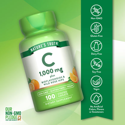 Nature's Truth Vitamin C 1000mg with Bioflavonoids & Rose Hips – 100 Caplets, Vegan, Non-GMO, Gluten Free