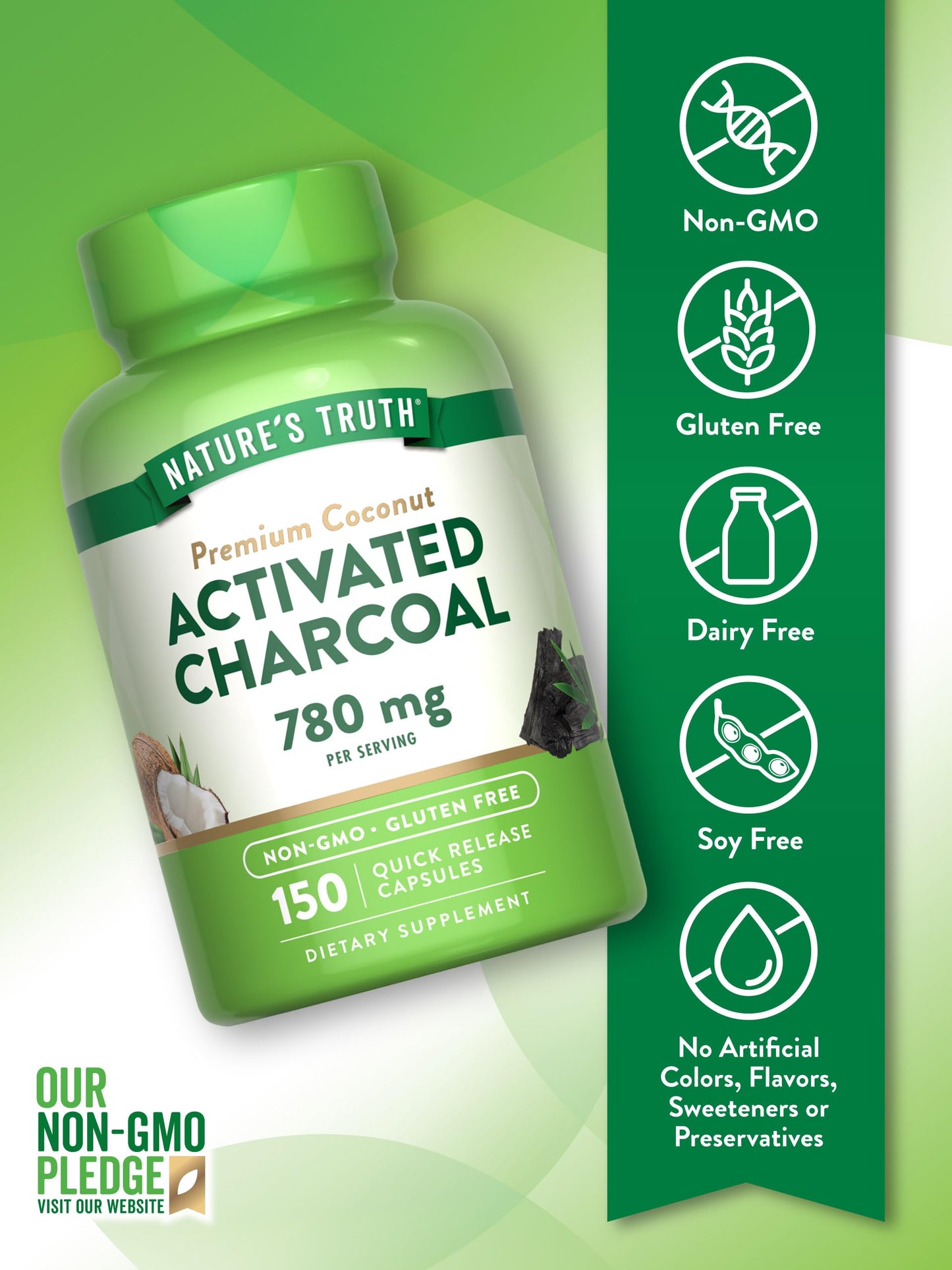 Nature's Truth Activated Charcoal Capsules 780 mg – 150 CT – Coconut Shells – Non-GMO and Gluten Free