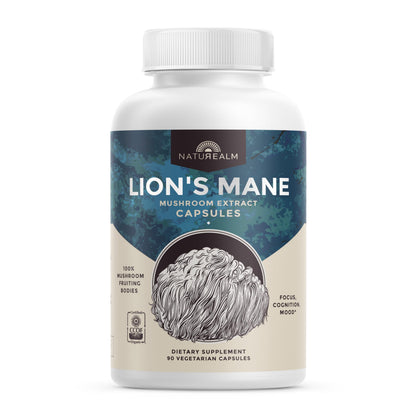 Naturealm Lions Mane Mushroom Supplement – Organic Brain Support, Focus & Memory | 90 Vegetarian Capsules