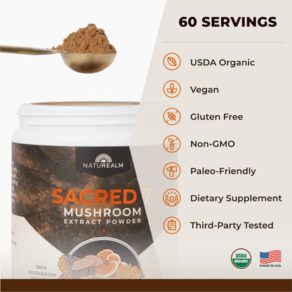 Naturealm Sacred 7 Organic Mushroom Supplement – 60 Servings – Fruiting Body Extract (Lions Mane, Reishi, Chaga) for Immune Support & Nootropic Focus