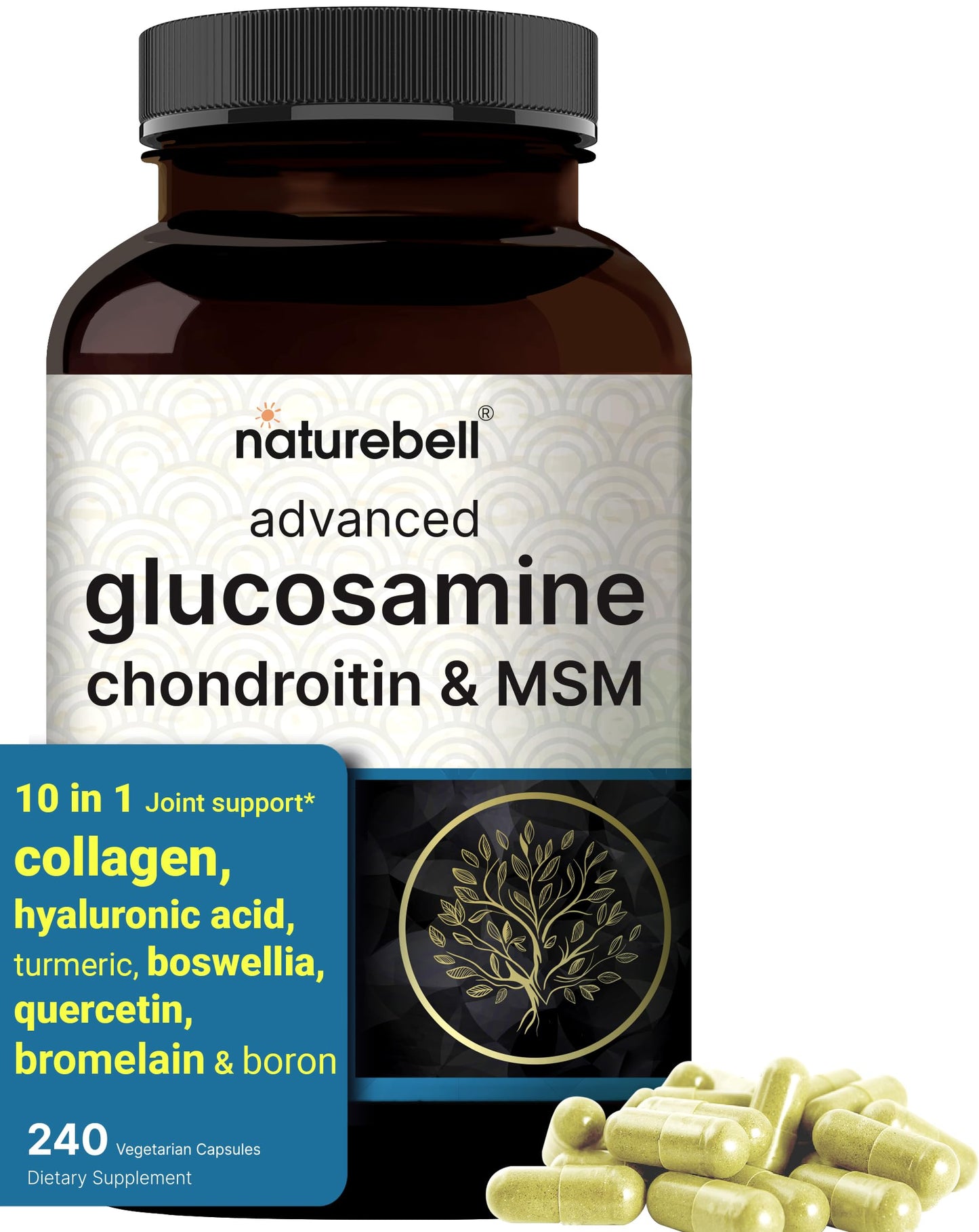 NatureBell Advanced Glucosamine Chondroitin MSM Supplement – 240 Capsules | 10-in-1 Joint Support Complex, Non-GMO
