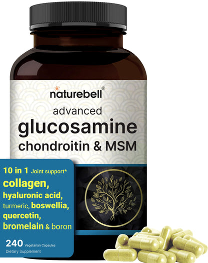 NatureBell Advanced Glucosamine Chondroitin MSM Supplement – 240 Capsules | 10-in-1 Joint Support Complex, Non-GMO