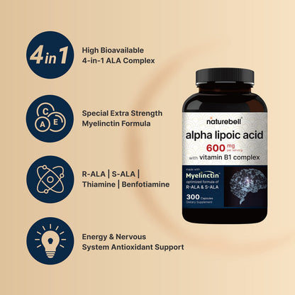 NatureBell Alpha Lipoic Acid Complex 600mg - 300 Capsules | Myelinctin Formula