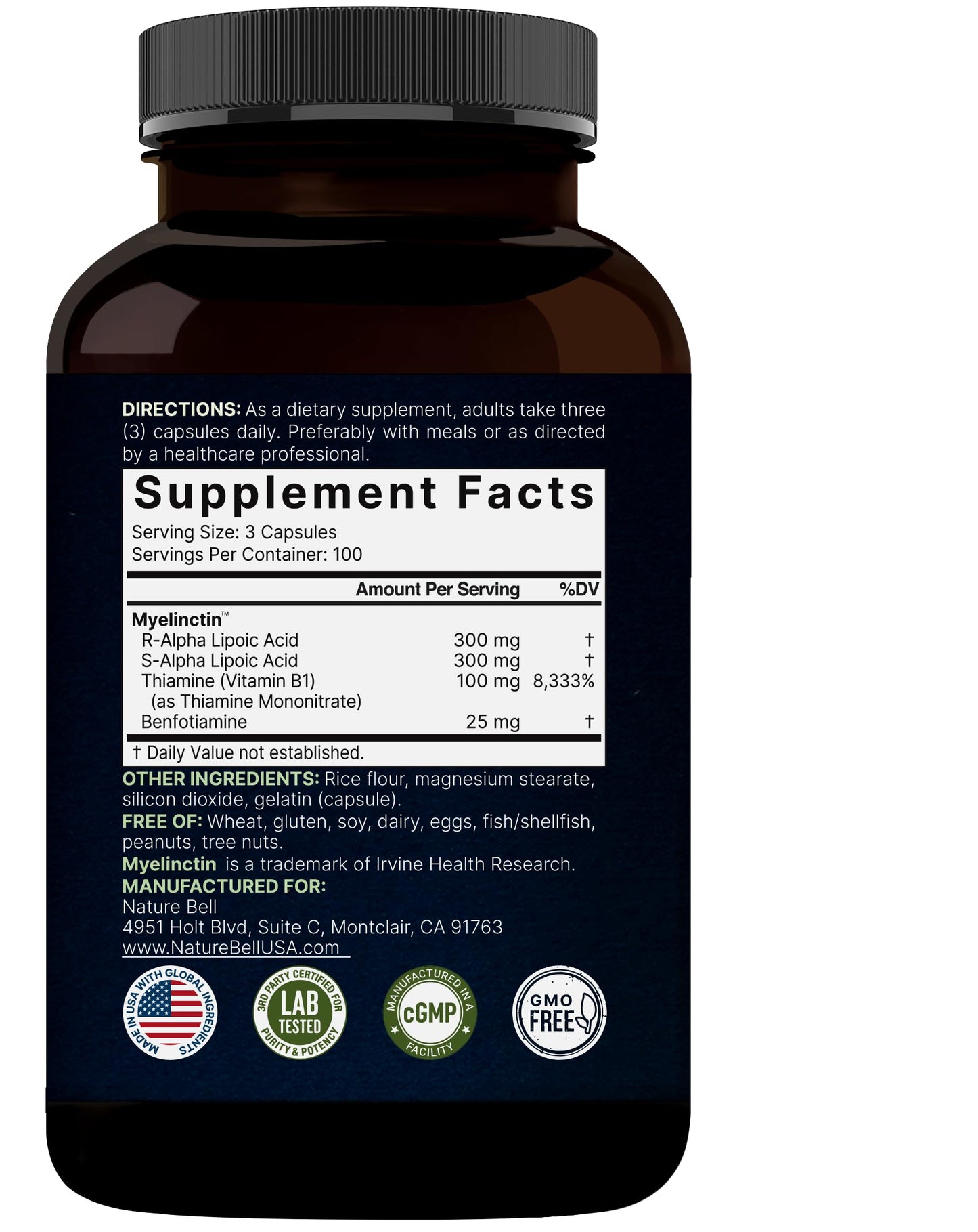 NatureBell Alpha Lipoic Acid Complex 600mg - 300 Capsules | Myelinctin Formula