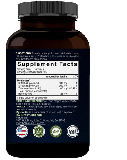 NatureBell Alpha Lipoic Acid Complex 600mg - 300 Capsules | Myelinctin Formula