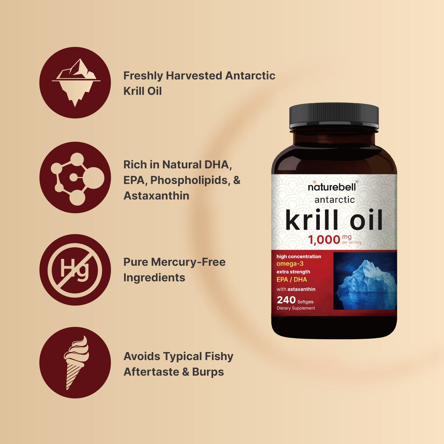 NatureBell Antarctic Krill Oil 1000mg | 240 Softgels | Omega-3 EPA & DHA | No Aftertaste