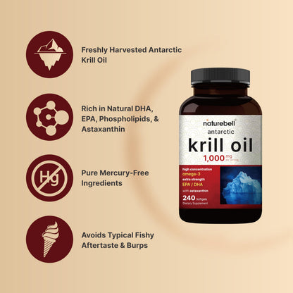 NatureBell Antarctic Krill Oil 1000mg | 240 Softgels | Omega-3 EPA & DHA | No Aftertaste
