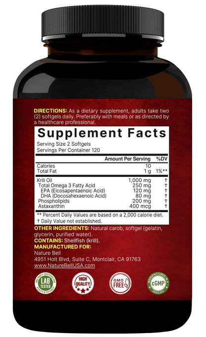 NatureBell Antarctic Krill Oil 1000mg | 240 Softgels | Omega-3 EPA & DHA | No Aftertaste