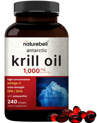 NatureBell Antarctic Krill Oil 1000mg | 240 Softgels | Omega-3 EPA & DHA | No Aftertaste