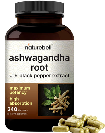 NatureBell Ashwagandha with Black Pepper - 240 Capsules | High Absorption, Extra Strength Root Extract | Non-GMO