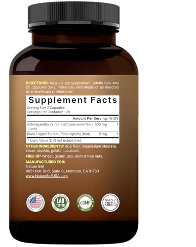 NatureBell Ashwagandha with Black Pepper - 240 Capsules | High Absorption, Extra Strength Root Extract | Non-GMO