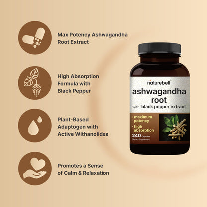 NatureBell Ashwagandha with Black Pepper - 240 Capsules | High Absorption, Extra Strength Root Extract | Non-GMO