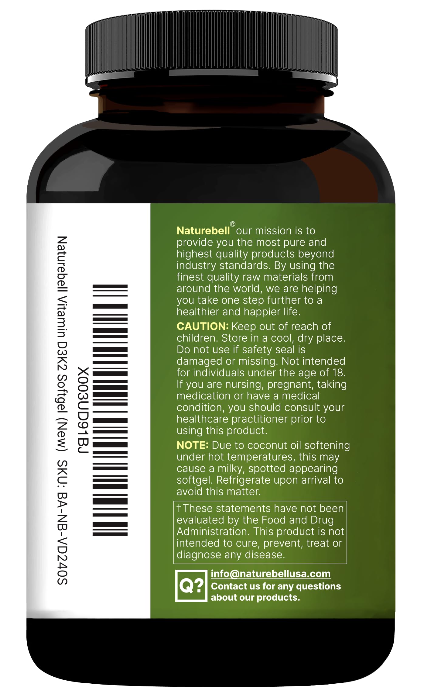 NatureBell Vitamin D3 10,000 IU + K2 200 mcg (MK-7) - 240 Softgels, Coconut Oil, Non-GMO