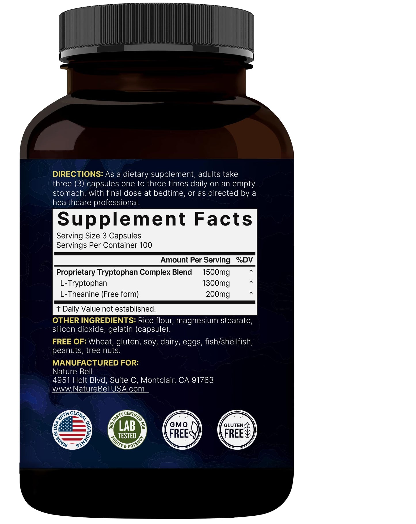 NatureBell L-Tryptophan 1300mg + L-Theanine 200mg | 300 Caps | Calm & Relaxation