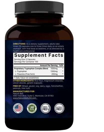 NatureBell L-Tryptophan 1300mg + L-Theanine 200mg | 300 Caps | Calm & Relaxation