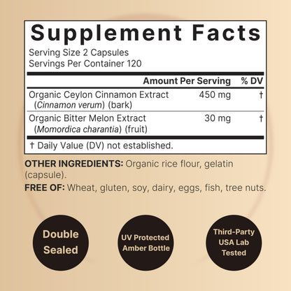 NatureBell Ceylon Cinnamon Per Serving - 240 Capsules | Organic Sri Lanka Cinnamon & Bitter Melon 2-in-1 Support | Non-GMO, Gluten-Free