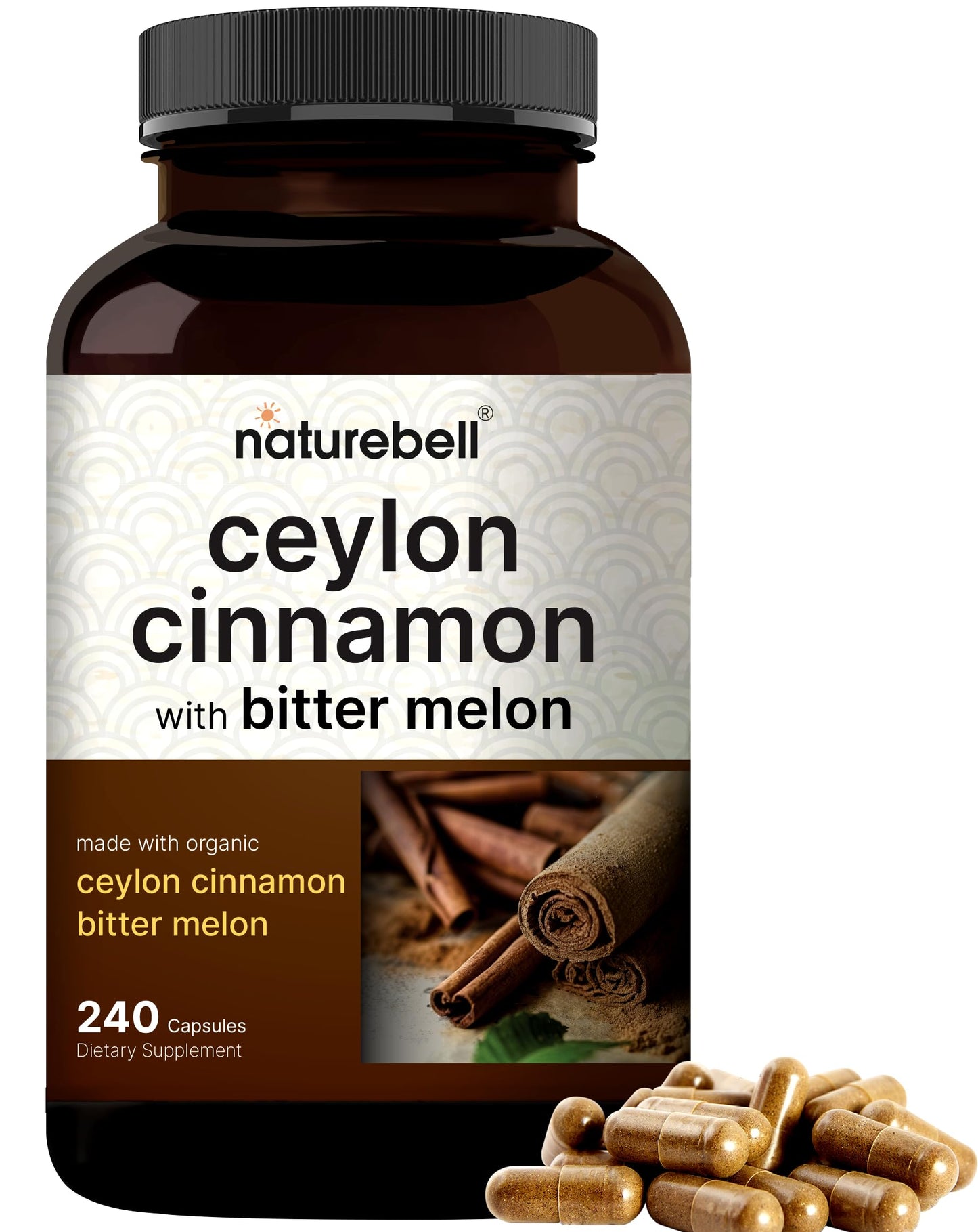 NatureBell Ceylon Cinnamon Per Serving - 240 Capsules | Organic Sri Lanka Cinnamon & Bitter Melon 2-in-1 Support | Non-GMO, Gluten-Free
