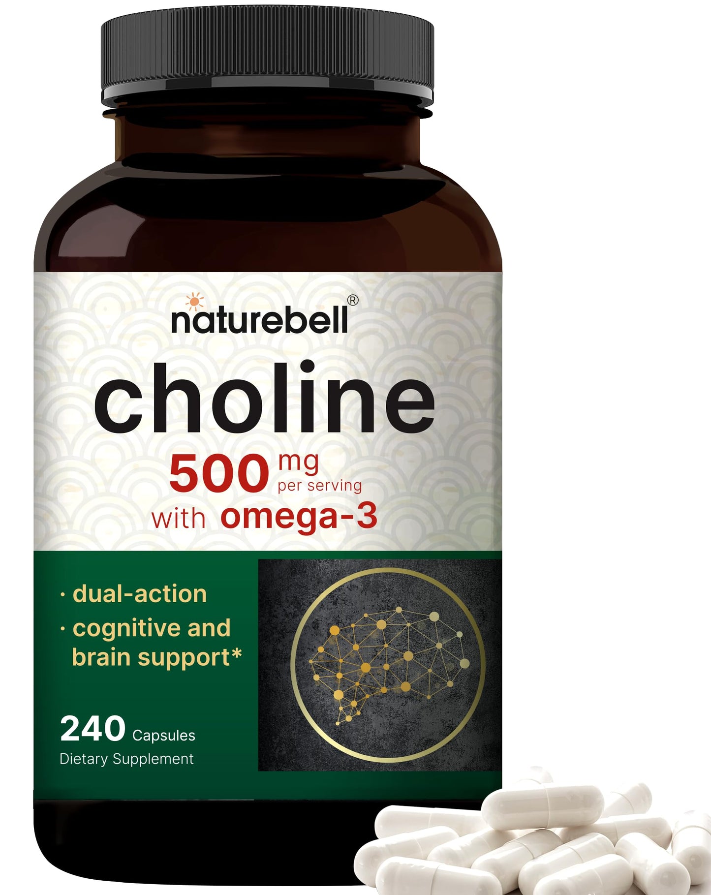 NatureBell Choline 500mg + Omega-3 - 240 Capsules | Prenatal Support & Brain Health