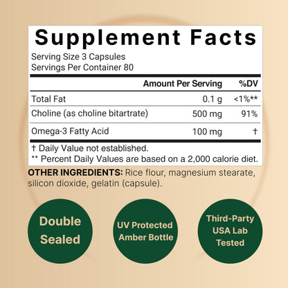 NatureBell Choline 500mg + Omega-3 - 240 Capsules | Prenatal Support & Brain Health