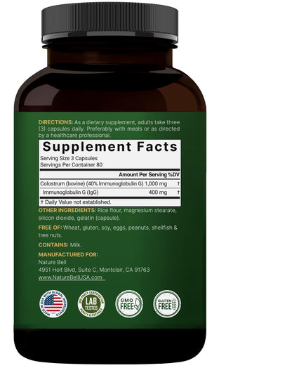 NatureBell Bovine Colostrum 1,000mg (240 Caps) – 40% IgG, Non-GMO | Gut Health & Immunity