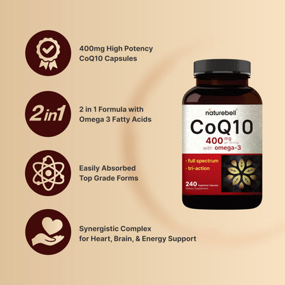 NatureBell CoQ10 400mg with Omega-3 – 240 Capsules | Extra Strength, High Absorption CoQ10 for Heart Health & Energy