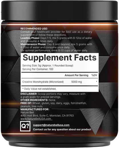 NatureBell Creatine Monohydrate Powder – 500g, 100 Servings, Unflavored, Micronized