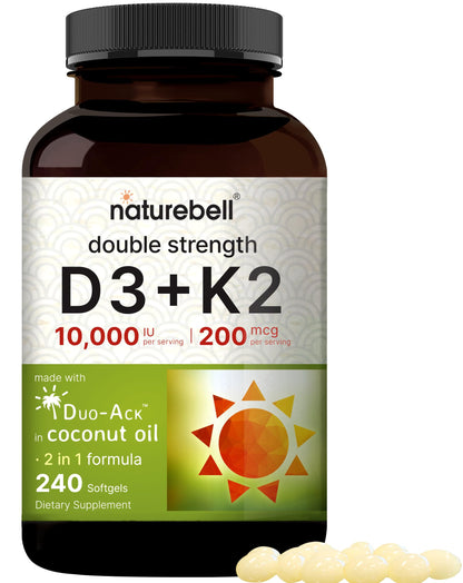 NatureBell Vitamin D3 10,000 IU + K2 200 mcg (MK-7) - 240 Softgels, Coconut Oil, Non-GMO