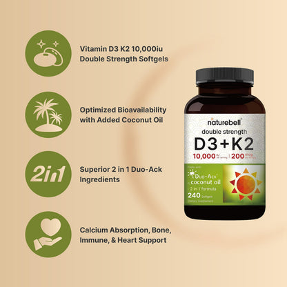NatureBell Vitamin D3 10,000 IU + K2 200 mcg (MK-7) - 240 Softgels, Coconut Oil, Non-GMO