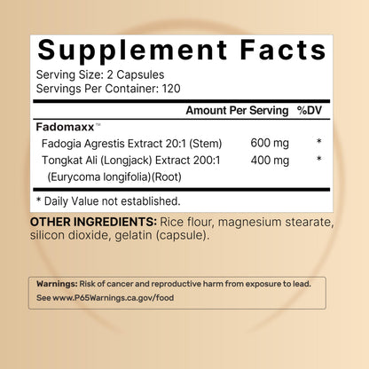 NatureBell Fadogia Agrestis 600mg + Tongkat Ali 400mg | 240 Caps | 20:1 & 200:1 Extracts | Non-GMO