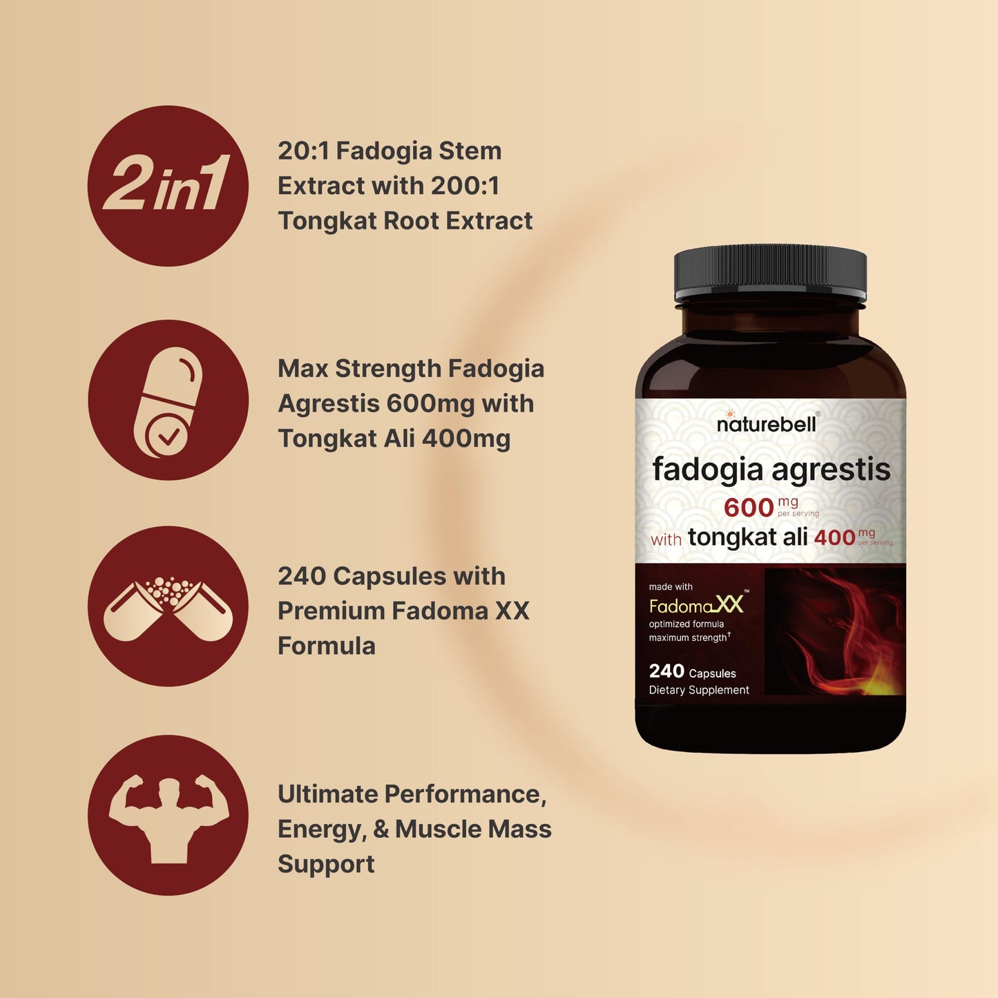 NatureBell Fadogia Agrestis 600mg + Tongkat Ali 400mg | 240 Caps | 20:1 & 200:1 Extracts | Non-GMO