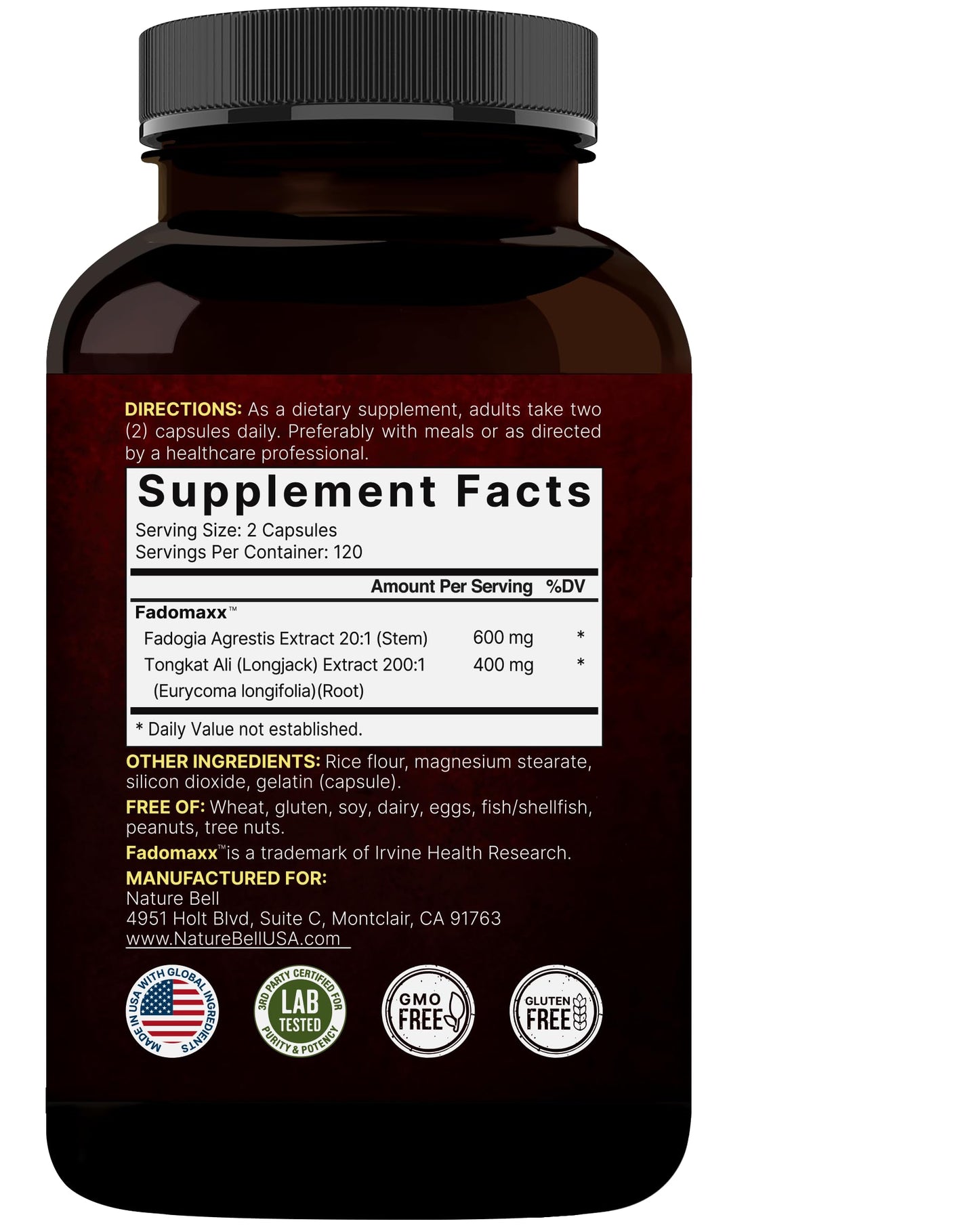 NatureBell Fadogia Agrestis 600mg + Tongkat Ali 400mg | 240 Caps | 20:1 & 200:1 Extracts | Non-GMO