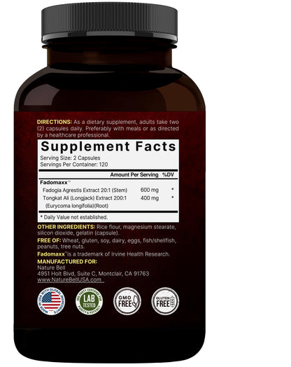 NatureBell Fadogia Agrestis 600mg + Tongkat Ali 400mg | 240 Caps | 20:1 & 200:1 Extracts | Non-GMO