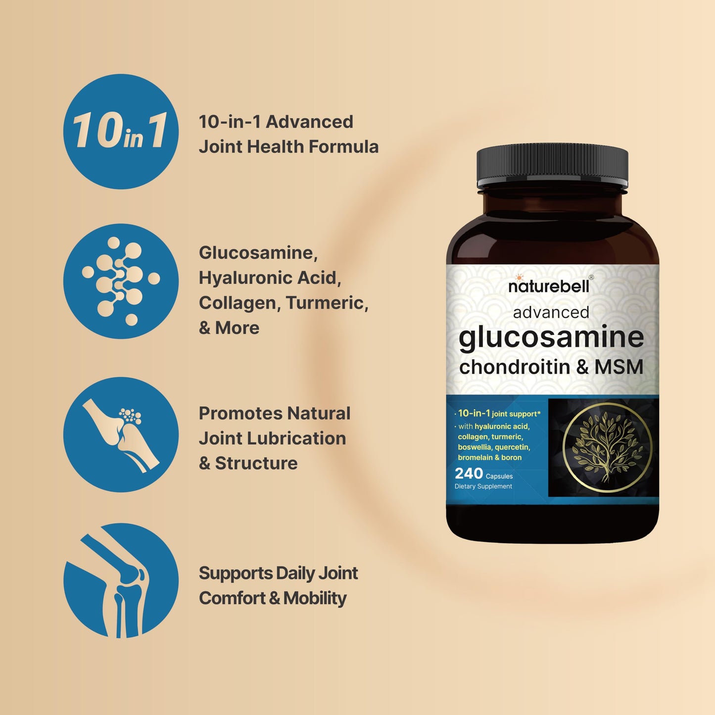 NatureBell Advanced Glucosamine Chondroitin MSM Supplement – 240 Capsules | 10-in-1 Joint Support Complex, Non-GMO