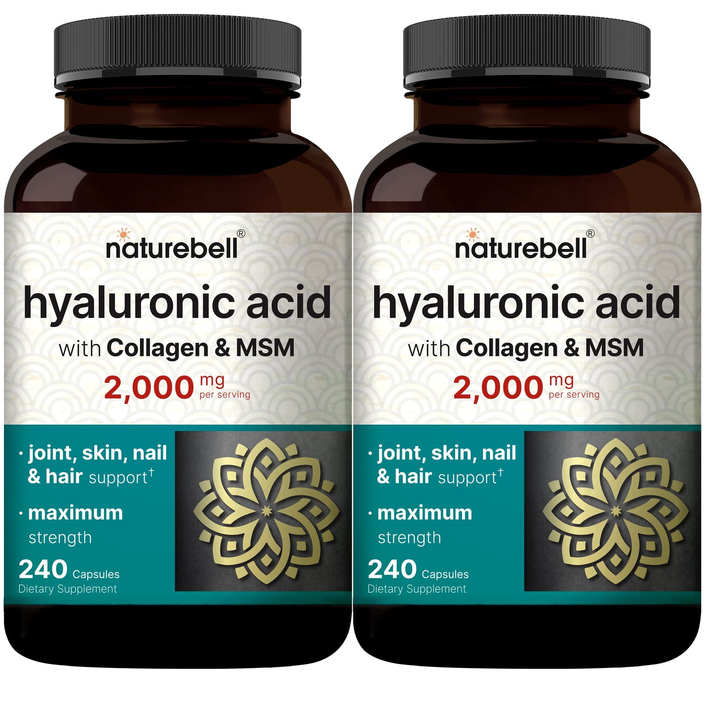 NatureBell 2 Pack Hyaluronic Acid 2000 mg | 480 Capsules with MSM & Hydrolyzed Collagen – Skin Hydration, Joints, Hair & Eyes